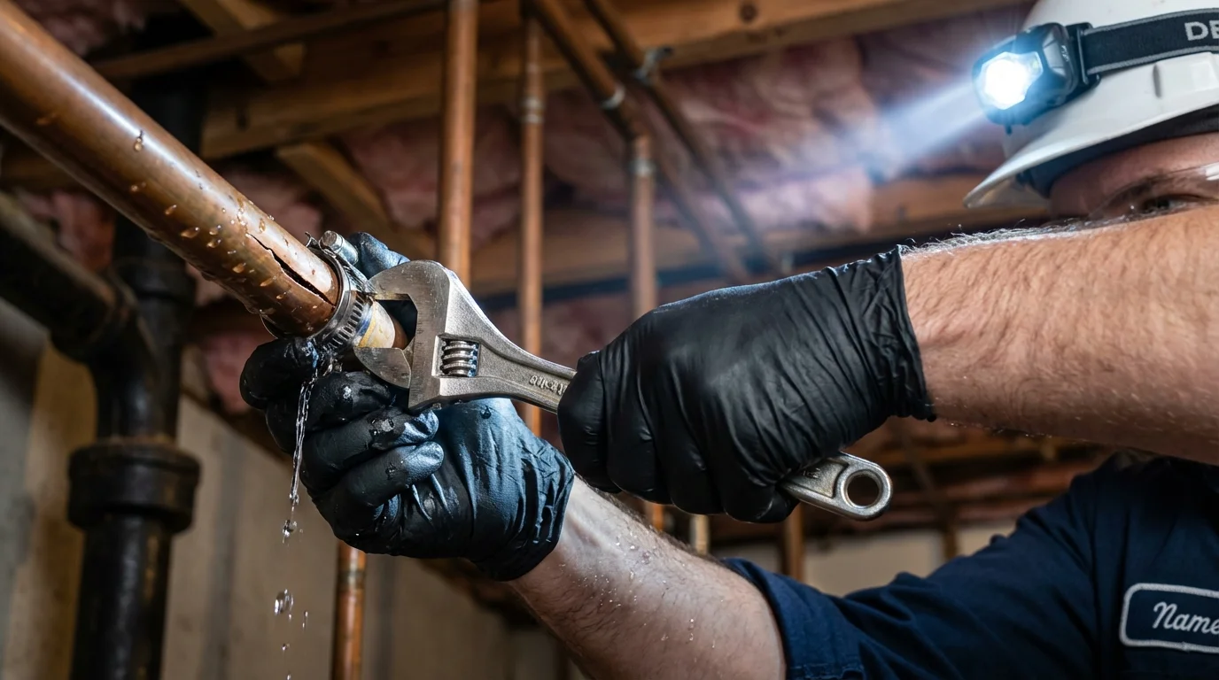 Emergency pipe clamp repair being performed by a Johns Plumbing LLC plumber in Saint Michael