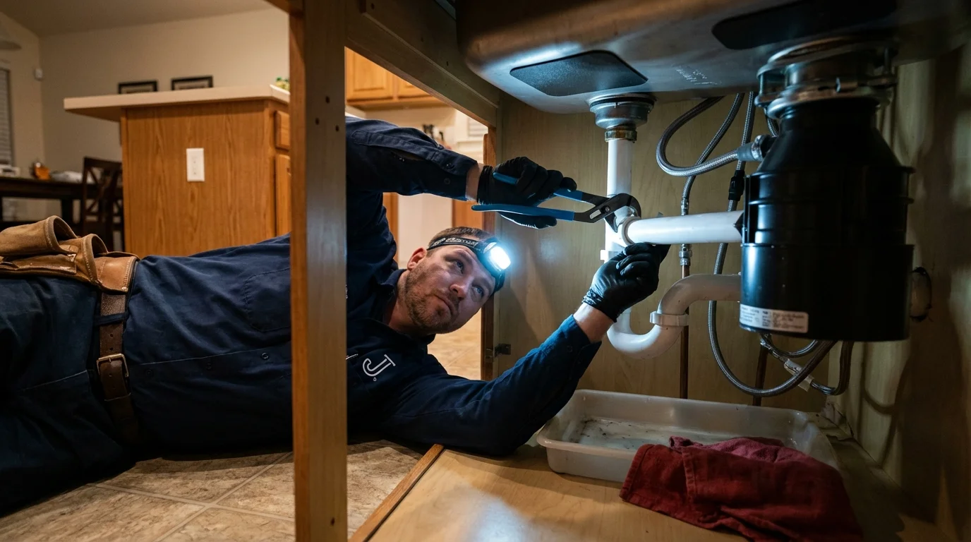 P-trap and supply line connections under a kitchen sink showing a common leak point in Saint Michael, MN